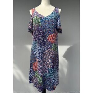 MSK Women's Cold Shoulder Shift Dress Larg Pink Lime Multi Print Stretch NWT USA